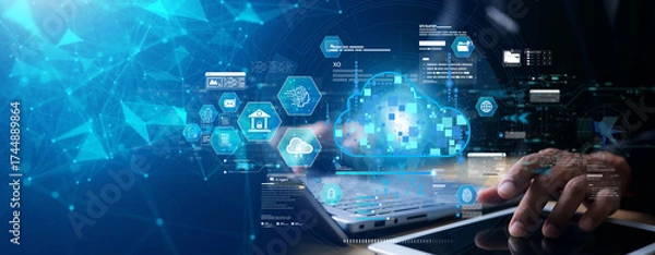 Fototapeta Futuristic cloud computing and artificial intelligence technology concept with business hand using digital tablet and laptop for data management, cybersecurity, and fintech network innovation.