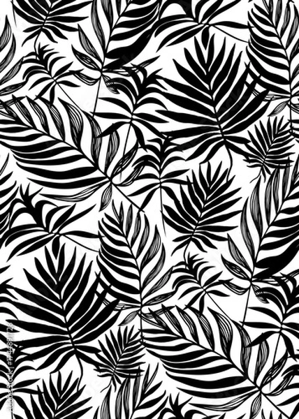 Fototapeta Trendy black and white vector seamless pattern with tropical leaves and grid effect. Perfect for fashion apparel fabric, trendy package, bedding, wallpaper, accessories, outerwear, cloth textile.