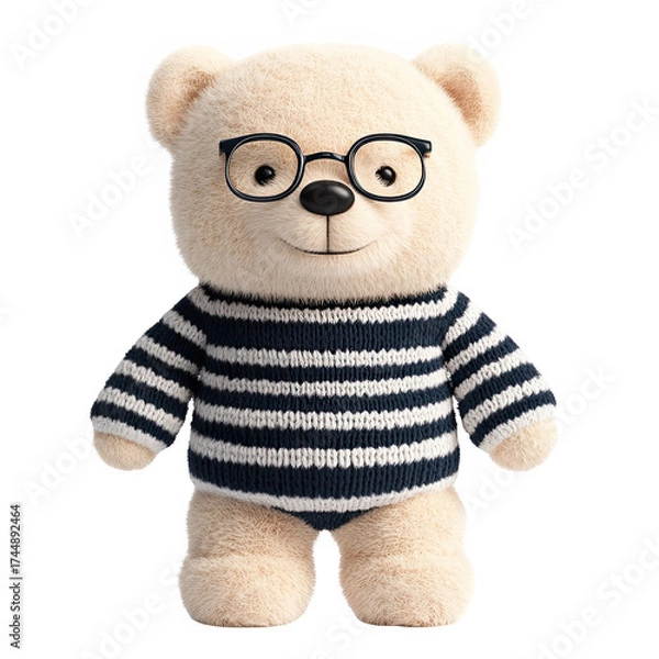 Fototapeta Cute teddy bear character wearing stylish glasses and striped sweater isolated on transparent background.