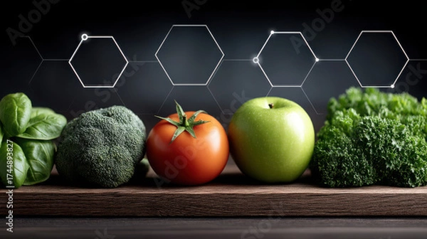 Fototapeta GLP-1 foods and digital holograms showcasing nutritious vegetables on a wooden table