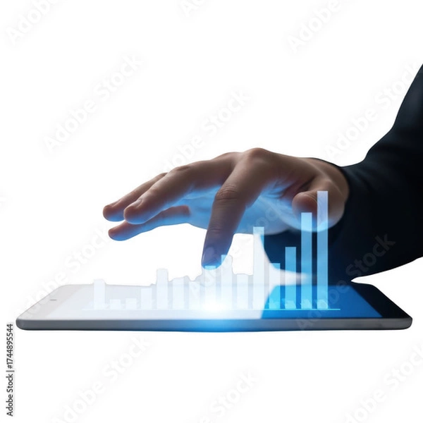 Fototapeta Hand Touching Digital Tablet with Glowing Business Graph on Black Background