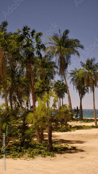 Fototapeta Green palm trees sway gently in the warm breeze as bright sunlight spreads across a sandy beach, inviting visitors to relax and enjoy the serene coastal view.