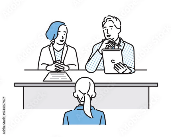 Obraz シンプル　イラスト　採用の為に面接を行う人事担当の男性と女性
