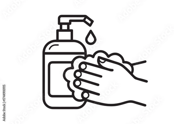 Fototapeta Liquid soap and washed hands line art vector