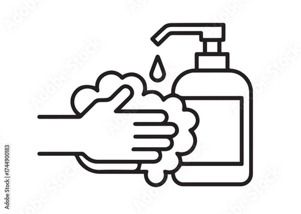 Fototapeta Liquid soap and washed hands line art vector