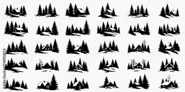 Fototapeta A collection of black silhouette icons featuring rustic cabins and lodges nestled among pine trees in a snowy, winter forest setting.