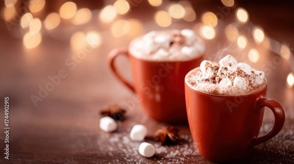 Fototapeta Warm mugs of hot chocolate with marshmallows and cinnamon on a cozy table