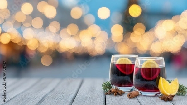 Fototapeta Warm holiday drinks displayed on a wooden table at a festive market scene