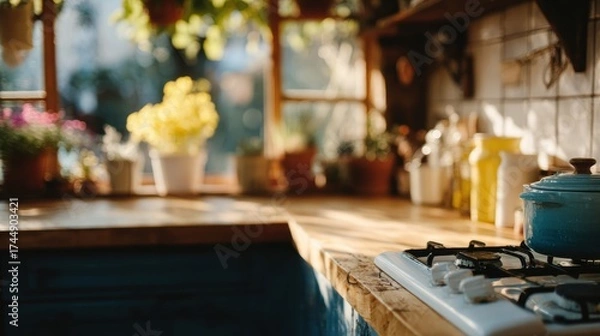 Fototapeta Rustic kitchen with sunlight and potted plants creating a cozy atmosphere