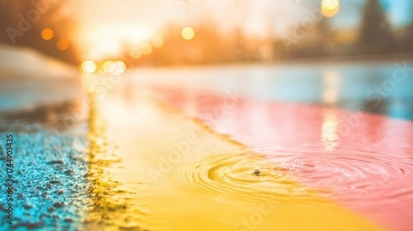 Fototapeta Colorful reflections on wet pavement in a city during sunset hours