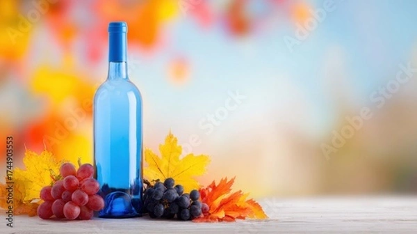 Fototapeta Bright blue wine bottle with grapes and autumn leaves in the background