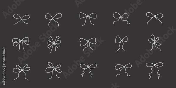 Obraz Hand drawn girly coquette bow ribbons set. Editable stroke line. Vector stock illustration isolated on black background for design template birthday, wedding, Christmas card, invitation, sale banner