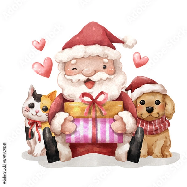 Fototapeta Watercolor cartoon illustration of Santa Claus holding multiple wrapped gift box with a tricolor cat and a golden retriever puppy wearing a tiny Santa hat and scarf . Hand drawn painting . Isolated .