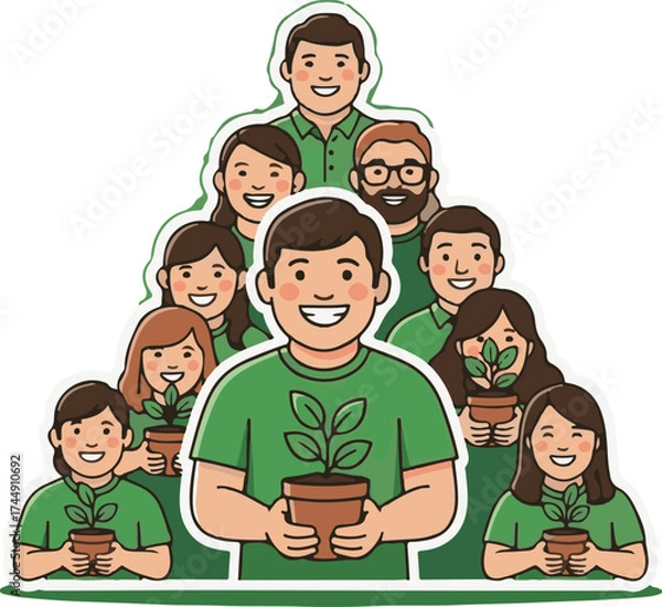 Fototapeta Smiling Group in Green Shirts Holding Potted Plants, Symbolizing Community and Growth