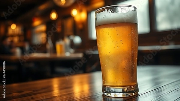 Fototapeta Close-up of a frosted beer glass with glistening condensation, evoking a cozy and inviting tavern atmosphere.