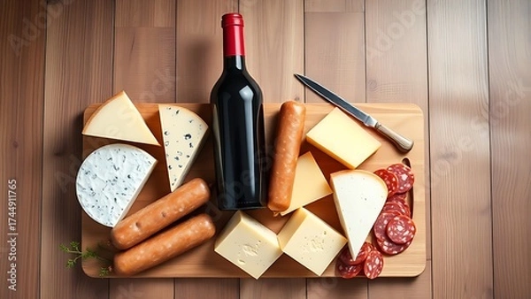 Fototapeta A bottle of wine accompanied by assorted cheeses and sausages arranged on a wooden surface.