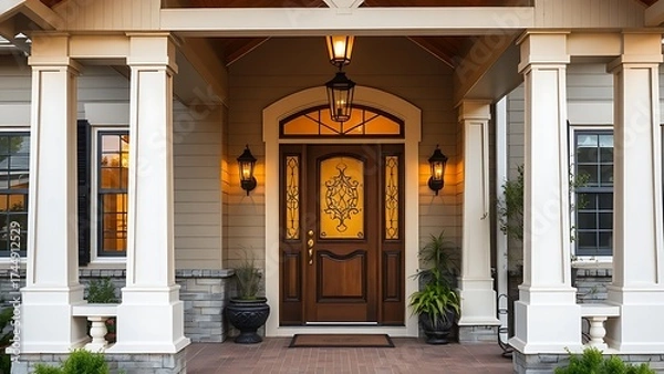 Fototapeta Charming covered porch entrance with a decorative front door.