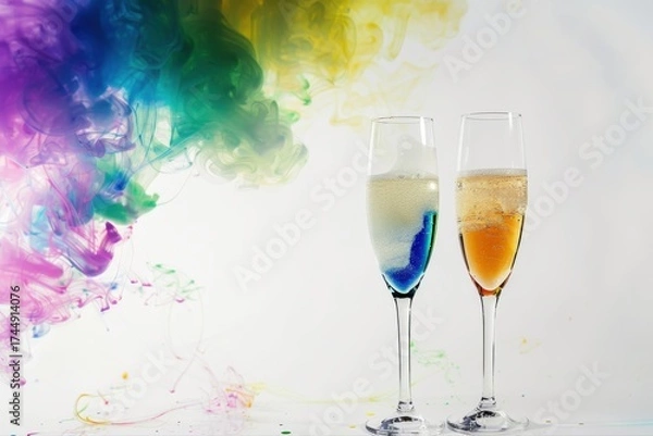 Fototapeta Toast to Color Champagne Glasses with Vibrant Ink Cloud Celebration Party on transparent background