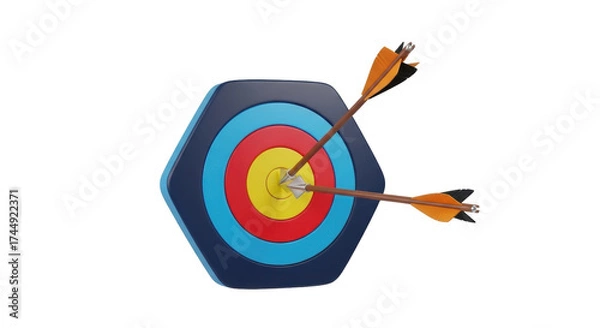 Fototapeta Isolated archery target and arrows hit the mark, success concept with the bullseye center