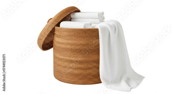 Fototapeta Isolated rattan laundry hamper filled with fresh towels for home hotel or spa storage needs