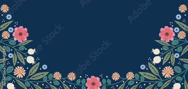 Fototapeta Decorative floral border on navy background with pink and orange daisies, green leaves, white berries, and blue stars in soft watercolor style, creating a whimsical garden frame design