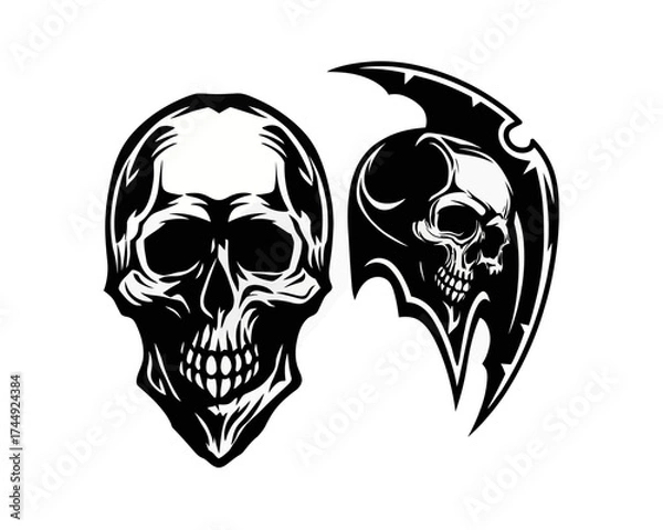 Fototapeta Two black and white skulls one with a tribal design element around it on a white background design image | editable eps vectors silhouette