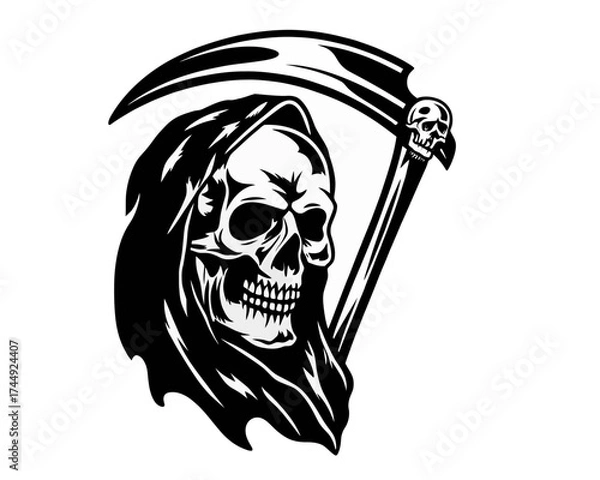 Fototapeta Illustration of a grim reaper with a skull face and a scythe in black and white vector format art | editable eps vectors silhouette