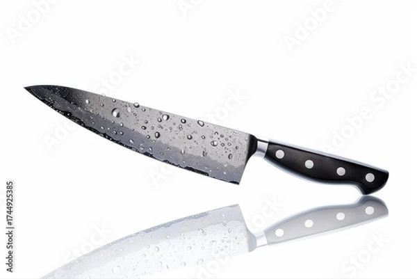 Fototapeta Sharp Wet Chef s Kitchen Knife with Black Handle Steel Blade Culinary on transparent background