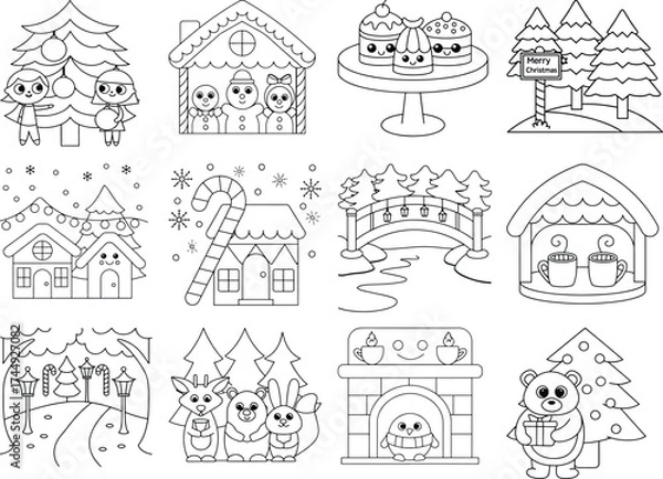 Fototapeta Festive Christmas Characters and Scenes Coloring Pages tree gingerbread house