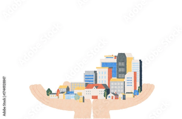 Obraz 手の上に広がる街並み 水彩風