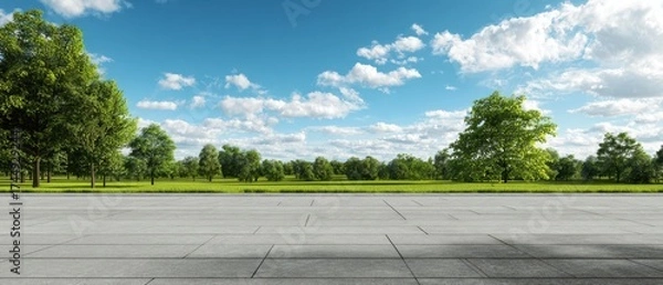 Fototapeta The serene landscape featuring lush trees and a clear blue sky.