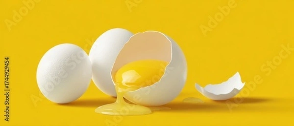 Fototapeta The broken egg revealing a delicious yolk on a vibrant yellow background