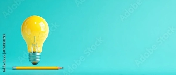 Fototapeta The vibrant yellow lightbulb hovering above a pencil, symbolizing creativity and innovation.