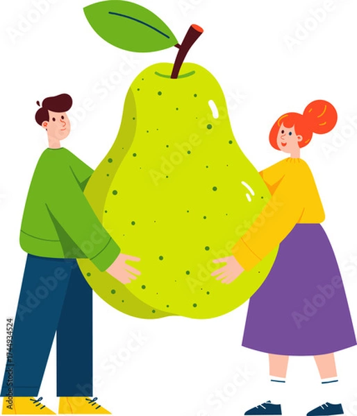 Fototapeta Couple joyfully lifting a large green pear isolated on transparent background. Vector illustration.