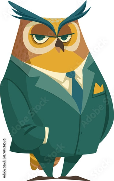 Fototapeta Cartoon owl dressed in a business suit with a serious expression standing confidently isolated on transparent background. Vector illustration.