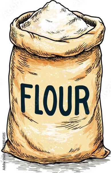 Fototapeta Flour bag filled with white flour ready for baking and cooking isolated on transparent background. Vector illustration.