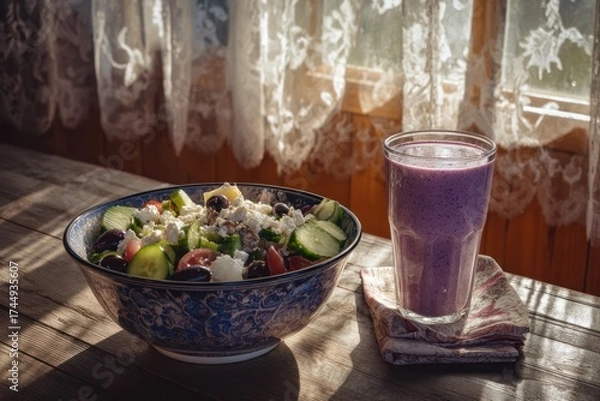 Fototapeta Mediterranean-Inspired Salad with Fresh Vegetables and Blueberry Smoothie on Rustic Table