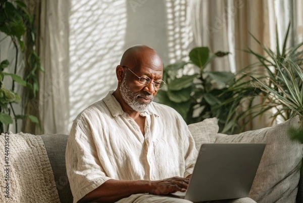 Fototapeta Middle-Aged Man in Casual Attire Working from Home on a Laptop