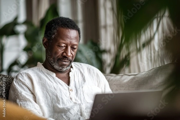 Fototapeta Middle-Aged Man in Casual Attire Working from Home on a Laptop