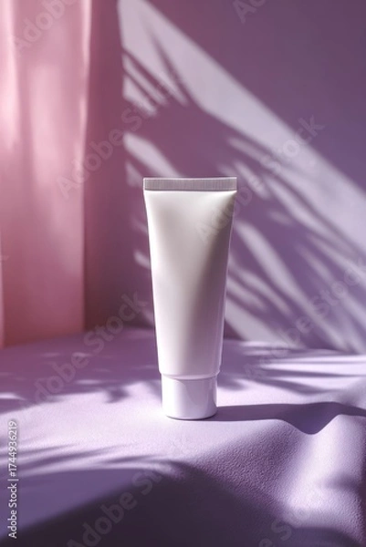 Fototapeta White Tube of Moisturizer Displayed Against Soft Lilac Background in Floral Shadows