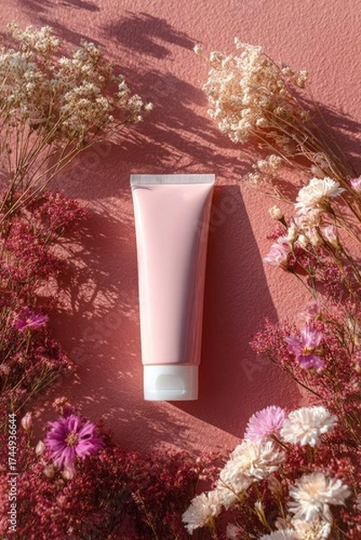 Fototapeta Minimalistic Beauty Concept Featuring a Tube of Cream Surrounded by Dried Flowers on Soft Background