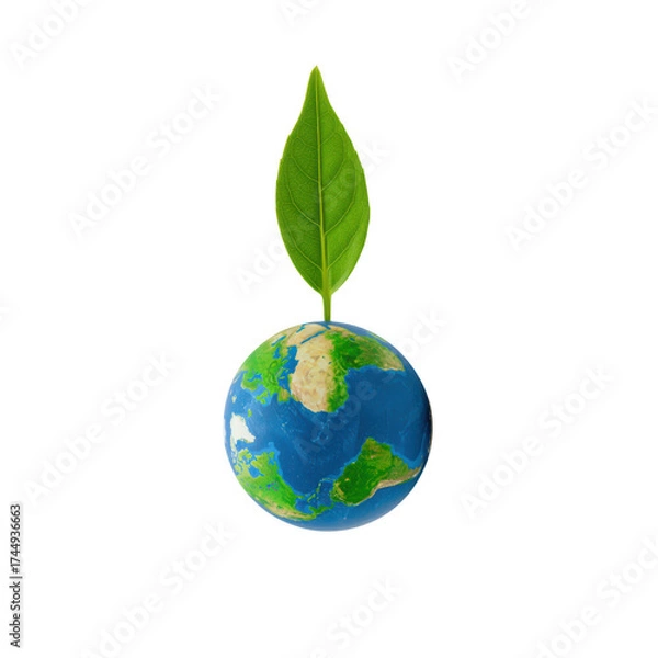 Fototapeta Sustainable Earth Green Leaf Sprouting from Globe Symbolizing Environmental Growth and Care