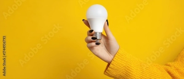 Fototapeta The hand holding a lightbulb against a vibrant yellow background.
