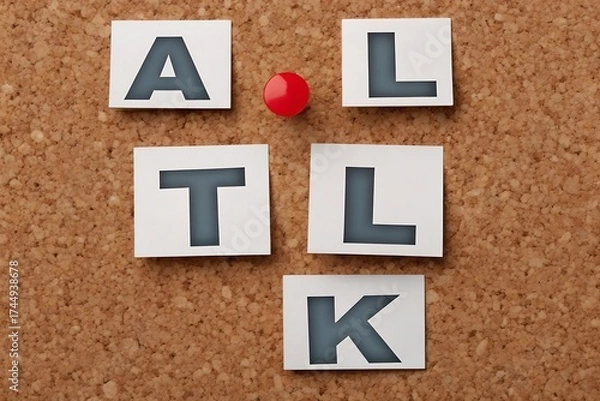 Fototapeta The word talk spelled out with letter tiles on a corkboard with a red pushpin