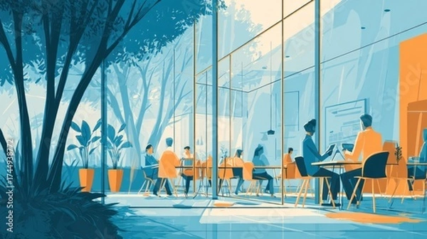 Fototapeta Modern Office With Glass Walls and Indoor Plants Featuring Collaborative Work Spaces