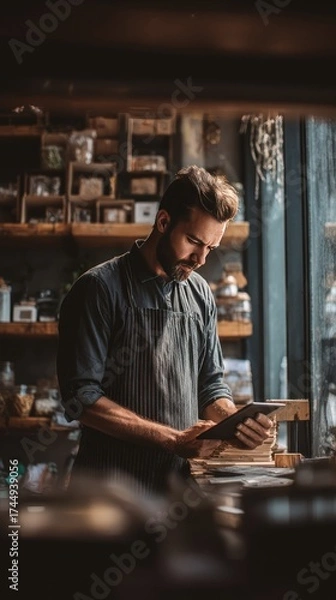 Fototapeta Focused Small Business Owner Using Tablet in Rustic Shop Setting