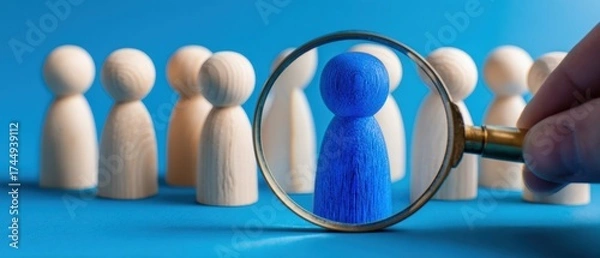 Fototapeta The Blue Figure Highlighted by a Magnifying Glass Among Wooden Peers