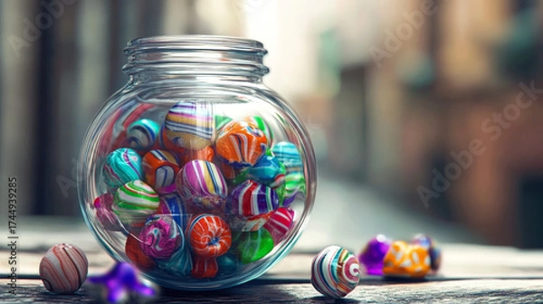 Obraz Vibrant, handcrafted candies fill a clear glass jar on a rustic wooden surface. Sweet colorful treats evoke fun, childhood, and delightful indulgence.