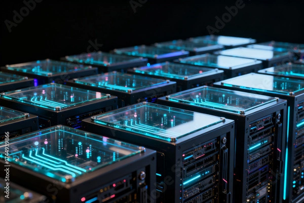 Fototapeta Rows of illuminated server units