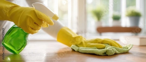 Fototapeta The effective cleaning process with spray and cloth for a spotless home.